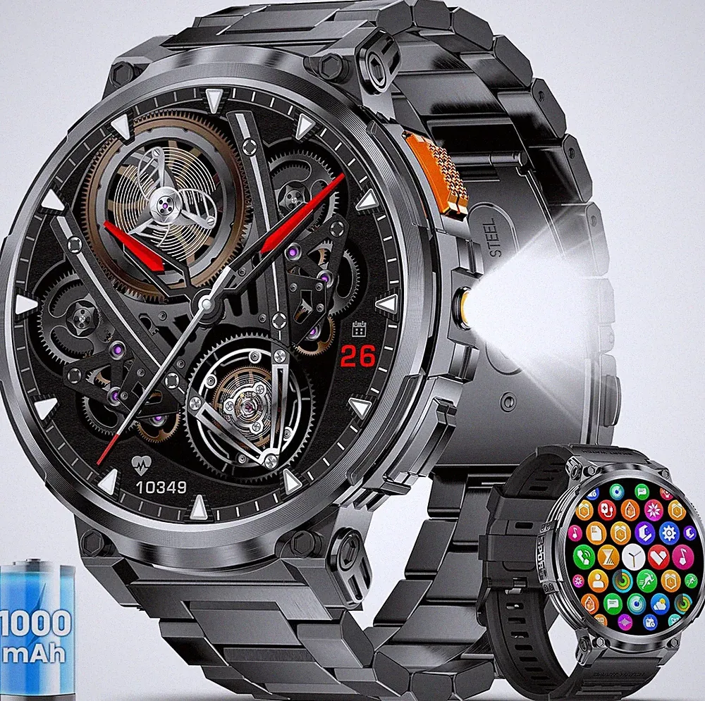 ESFOE Smartwatch Herren Militär Mit 1000Mah Akku/Led-Licht,1,85” Großer Smartwat