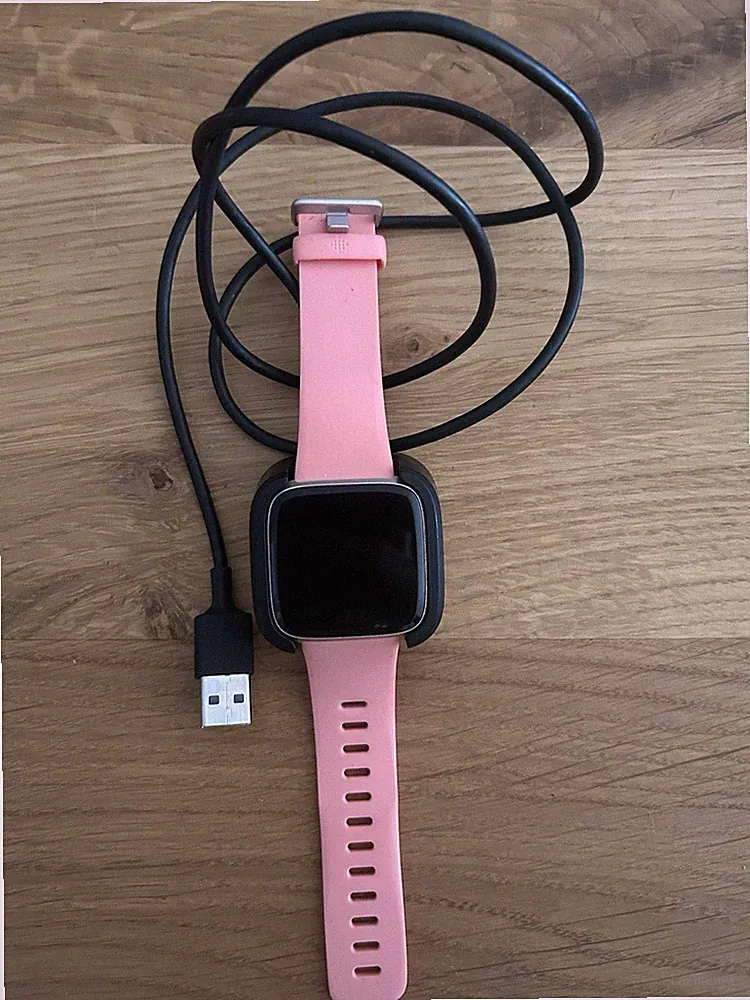 Fitbit Versa 42 mm Smartwatch silber rosa Silikonarmband USB-Ladekabel