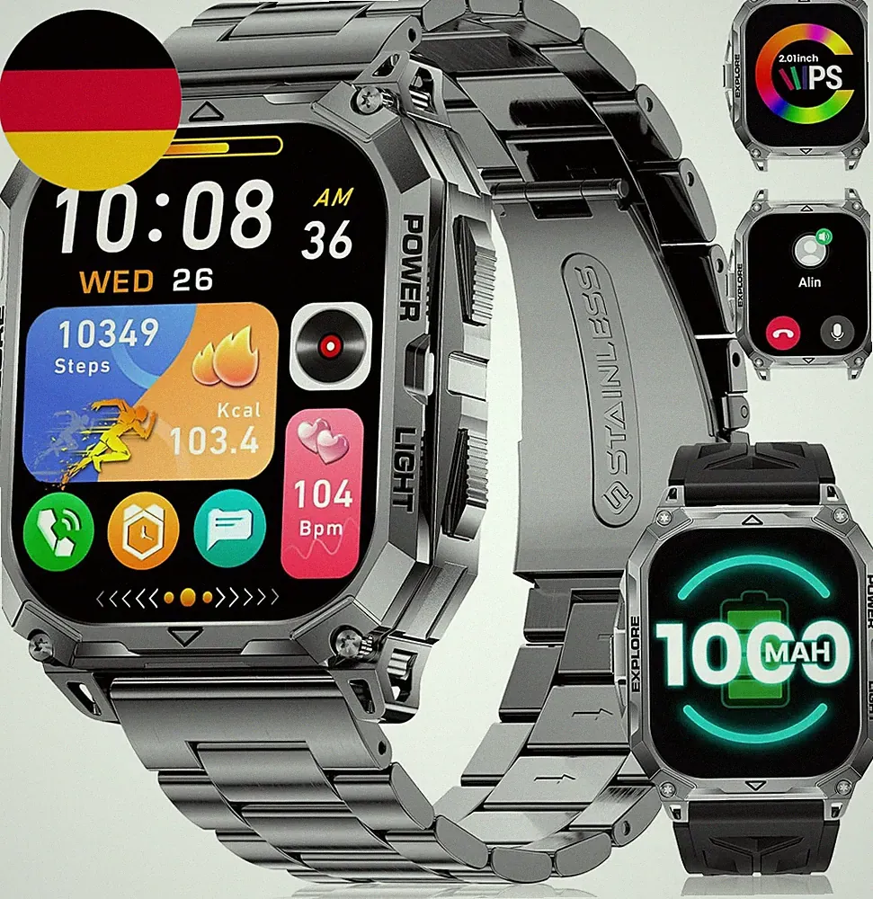 FITFLEX Militär Smartwatch Herren Mit 1000 Mah,2,01" HD Großes Touchscreen Smart