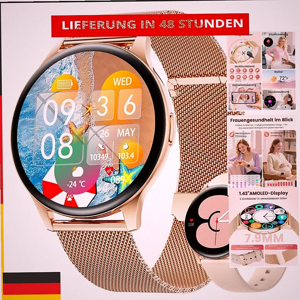 FITFLEX Smartwatch Damen 1.43" HD Fitnessuhr IP68 Wasserdicht