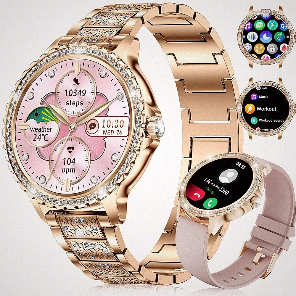 FITFLEX Smartwatch Damen Diamant-Metallarmband, 1,35" HD Telefonfunktion Herz