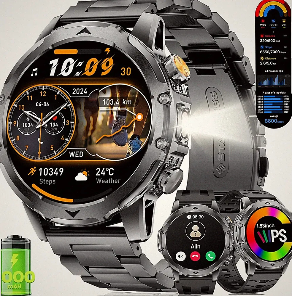 FITFLEX Smartwatch Herren Mit 1000 Mah, 1,53" HD Screen Militär Smart Watch, LED