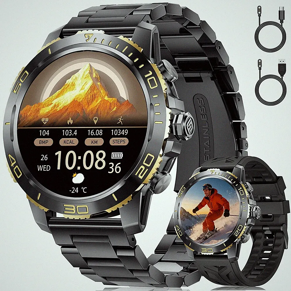 FITFLEX Smartwatch Herren mit BluetoothAnrufDoppelriemen, 1,43" AMOLED Militä...