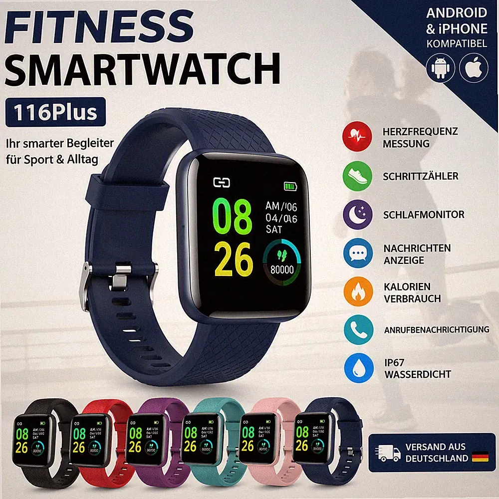 Fitness Smartwatch 116Plus | Herzfrequenzmesser | Schrittzähler | Android & iPho