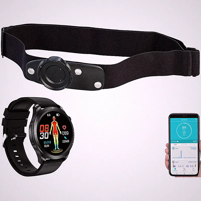 Fitness-Smartwatch mit Brustgurt, EKG, Blutdruck, SpO2, App, IP67