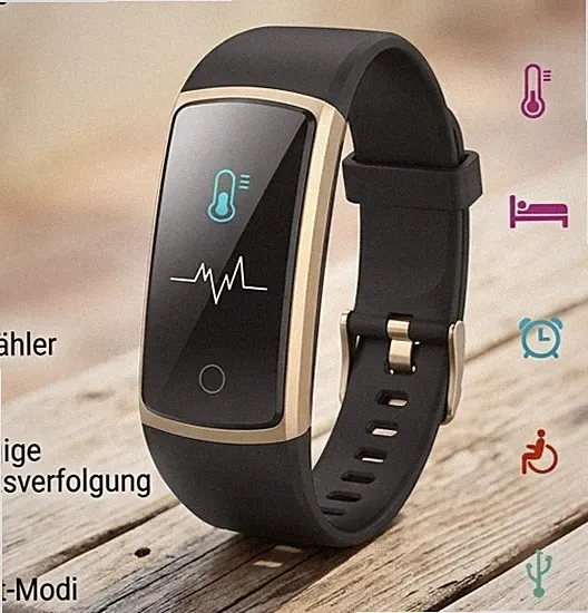 Fitness Tracker Smartwatch Herzfrequenz, Blutdruck, 14 Sportmodi Schwarz/Gold
