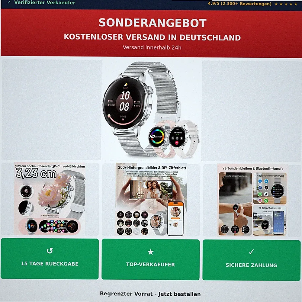 fitonyo Smartwatch Damen Bluetooth Telefonfunktion 1,27 Zoll HD 3 Armbänder