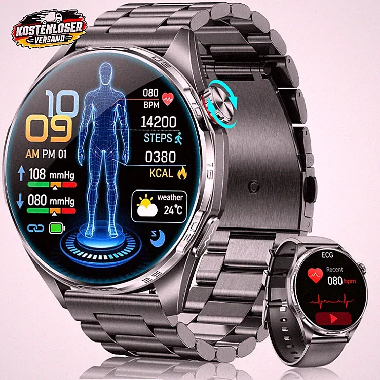 FOSMET Smartwatch Herren AMOLED EKG Blutdruck SpO2 Puls Schlaf 5ATM SOS Sportuhr