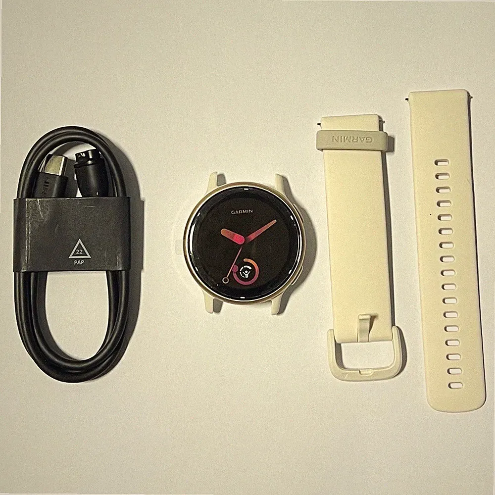 Garmin Smartwatch, Weiß, Touchscreen, Fitness-Tracker, Schlaftracker, Ladekabel