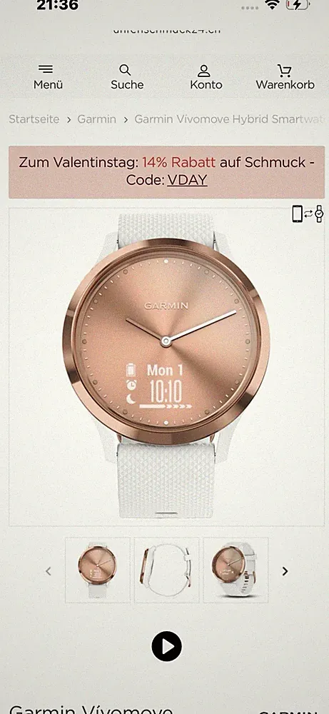 Garmin -VIVOMOVE SPORT- Smartwatch mit analogen Zeigern und Touchdisplay, gebr.