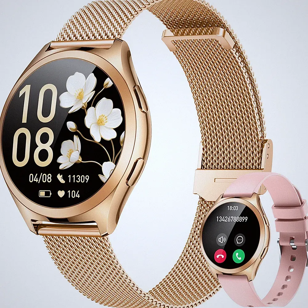 Gold Smartwatch Damen Armbanduhr Rund Smart Watch Damen 1,27" Klein Duenn Tou...