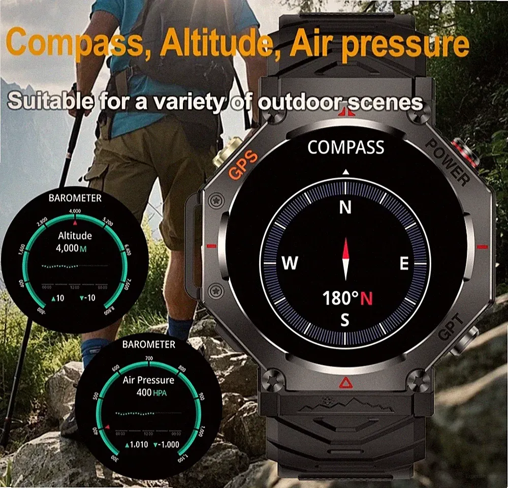 GPS Outdoor Smartwatch Herren AI GPT Bluetooth Anrufe Kompass Höhenmesser 3ATM