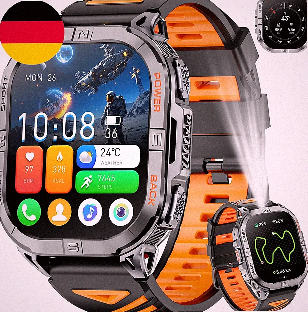 GPS Smartwatch Herren, 2,13" AMOLED Men'S Military Smart Watch, LED Taschenlampe