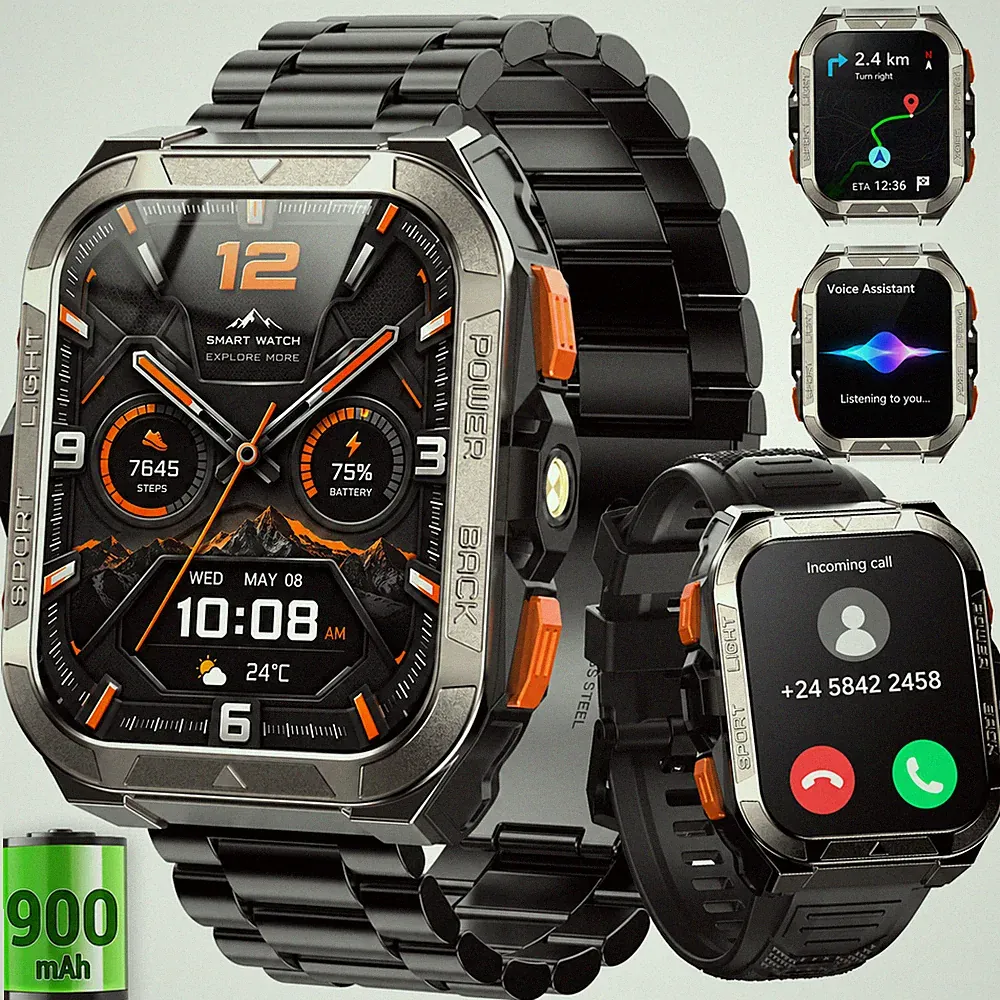 GPS Smartwatch Herren Militär ,Fitnessuhr mit 2 Armbändern 24/7 Herzfrequenz
