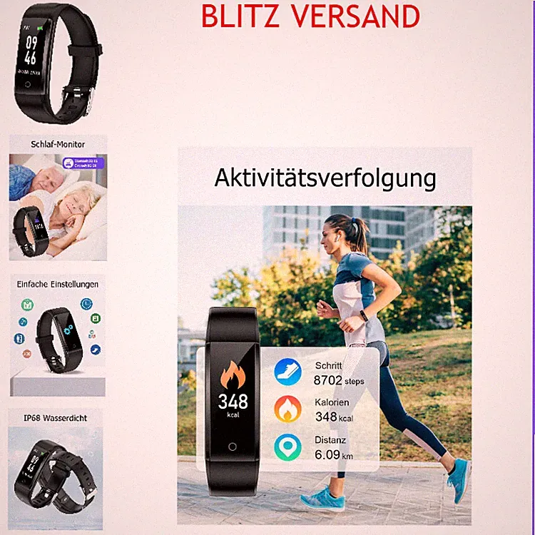 GRV Schrittzähler Uhr Schwarz Fitness Tracker mit Kalorienzähler für Damen