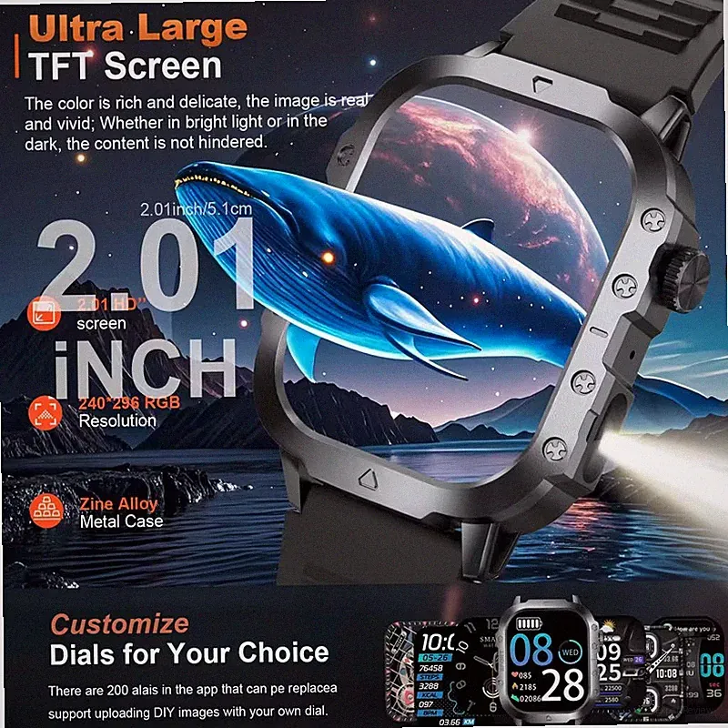 GWENLAND Herren-Smartwatch mit TFT-Display, USB-Ladung, LED-Taschenlampe