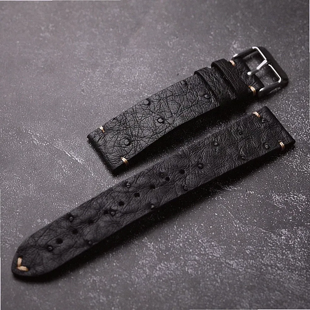 Handgefertigtes ultradünnes Straußenleder Uhrenarmband 18-22 mm schwarz Herren V