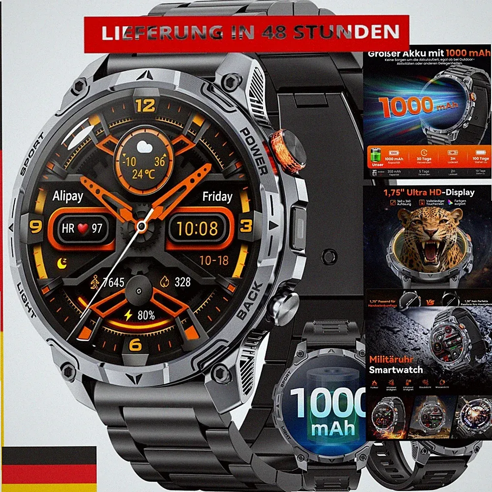 Haulvean Militär Smartwatch Herren, 1,75" HD, IP68, 110+ Sportmodi
