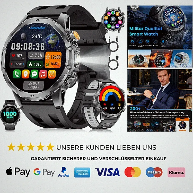 Herren Smartwatch 1,53 Zoll HD Militärstil 1000