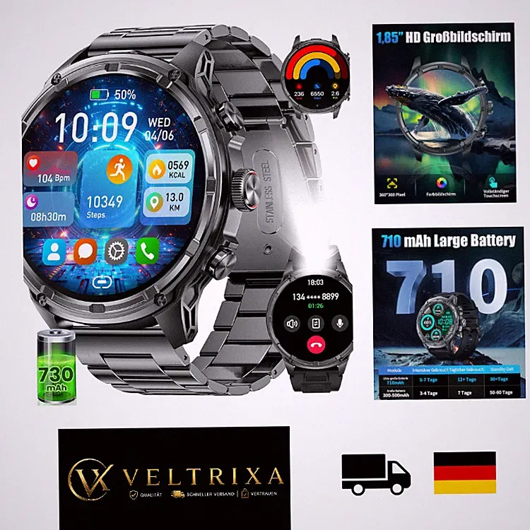 Herren Smartwatch 1,85 Zoll HD Display 710 mAh Akku mit Metallarmband