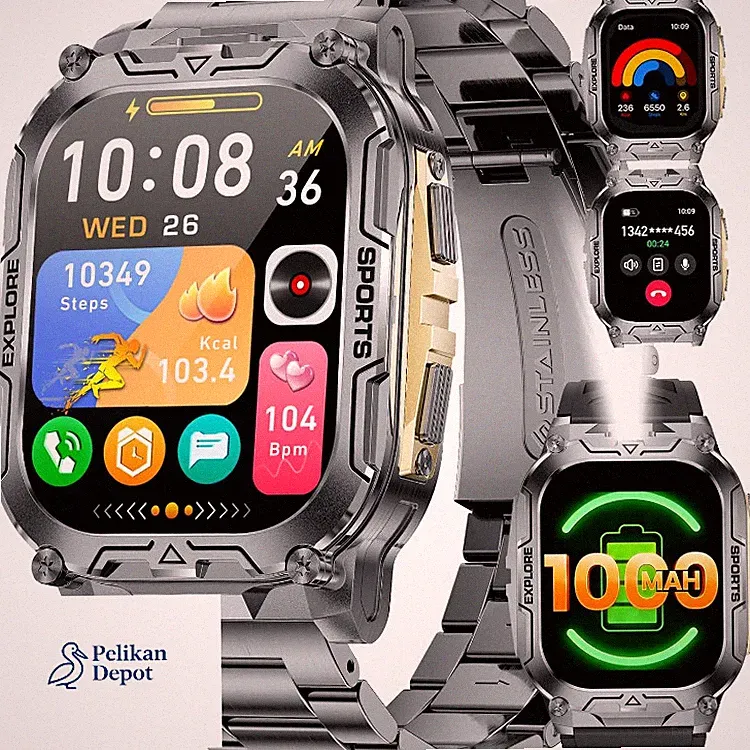 Herren Smartwatch mit Telefonfunktion, Herzfrequenz, Schlaf, Militär