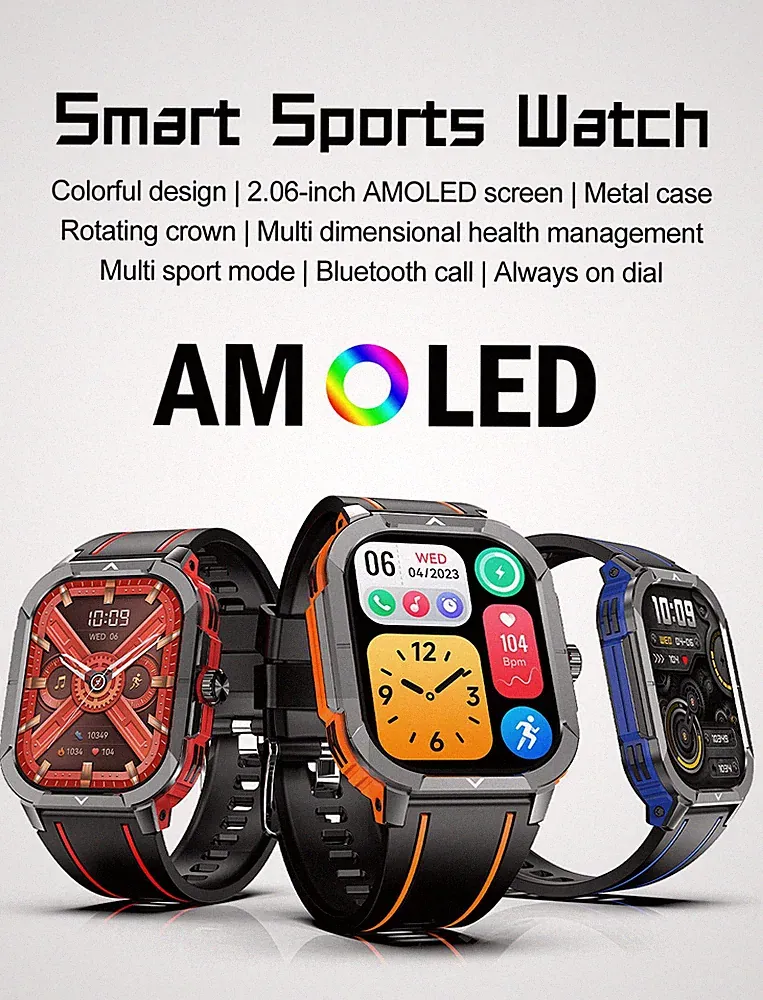 HK56 AMOLED Smartwatch 2,06" | GPS | NFC | BT 5.3 | 300 mAh | IP68 – 3 Farben