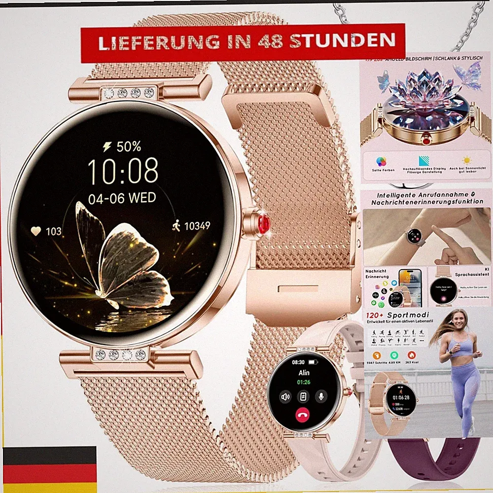 HXQHSTBG Smartwatch Damen 1,19" AMOLED Fitnessuhr Roségold