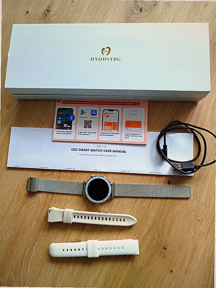HXQHSTBG Smartwatch Damen rund 30 mm AMOLED SpO2 wasserdicht silber