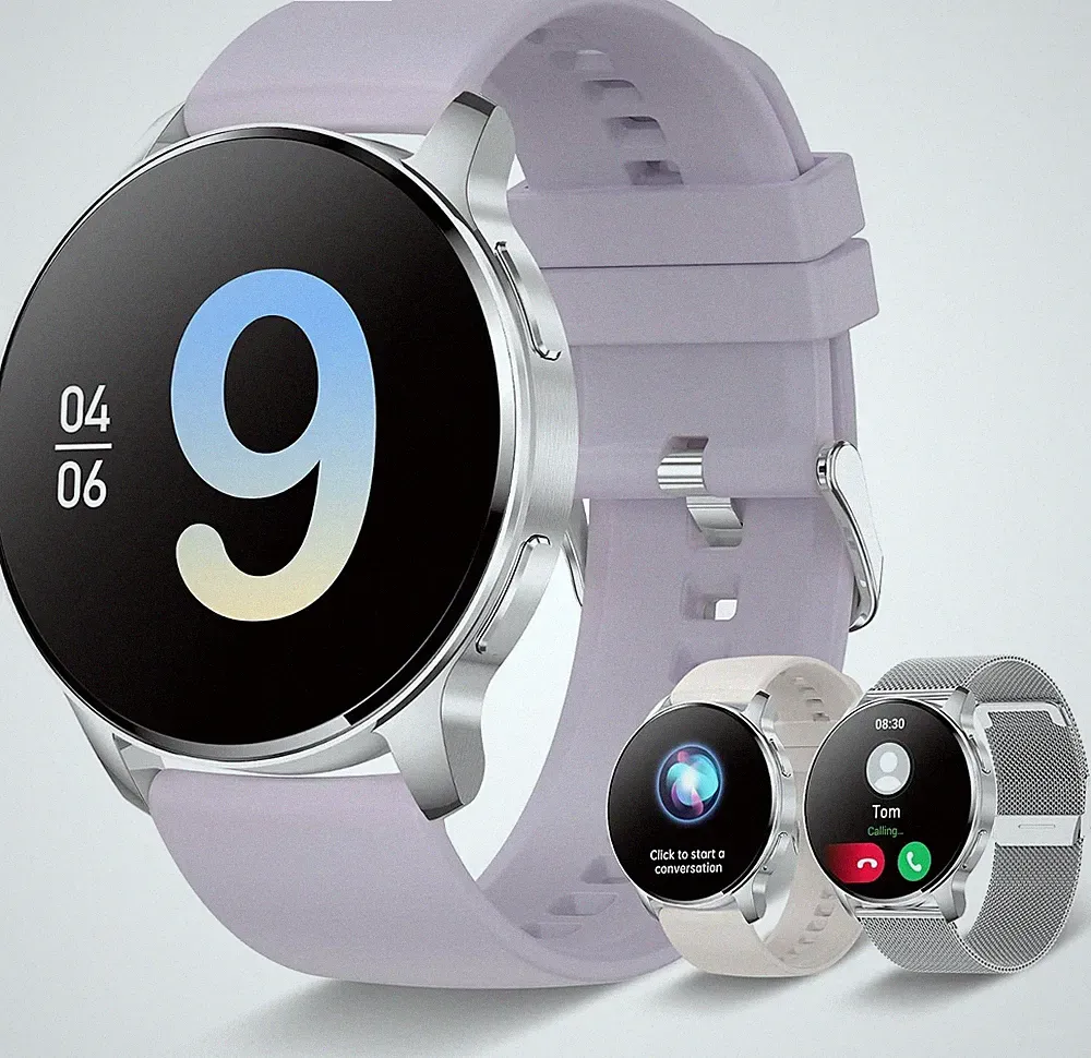 Iaret Smartwatch Damen 1,32 Zoll Runde Armbanduhr mit Herzfrequenzmesser Silber