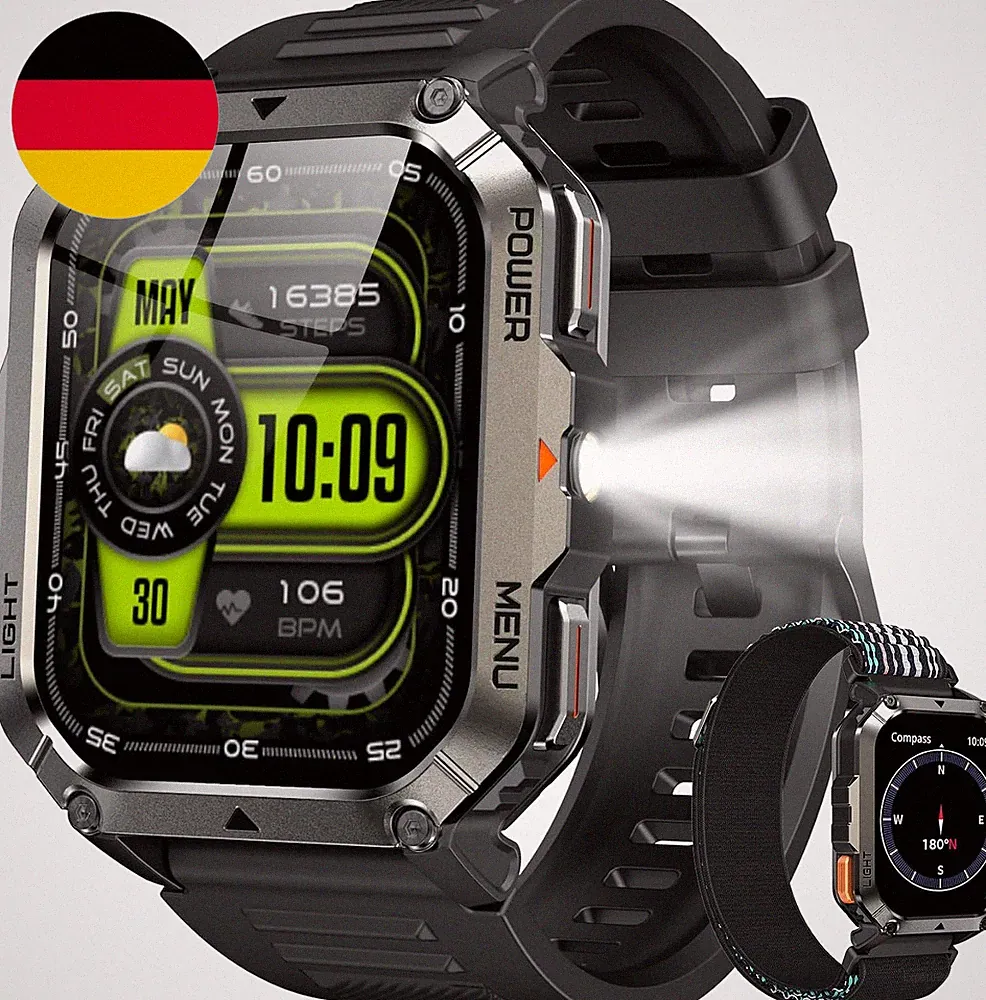 IOWODO Militär Smartwatch Herren,100 Tage Akku, LED Taschenlampe, Bluetooth-Anru