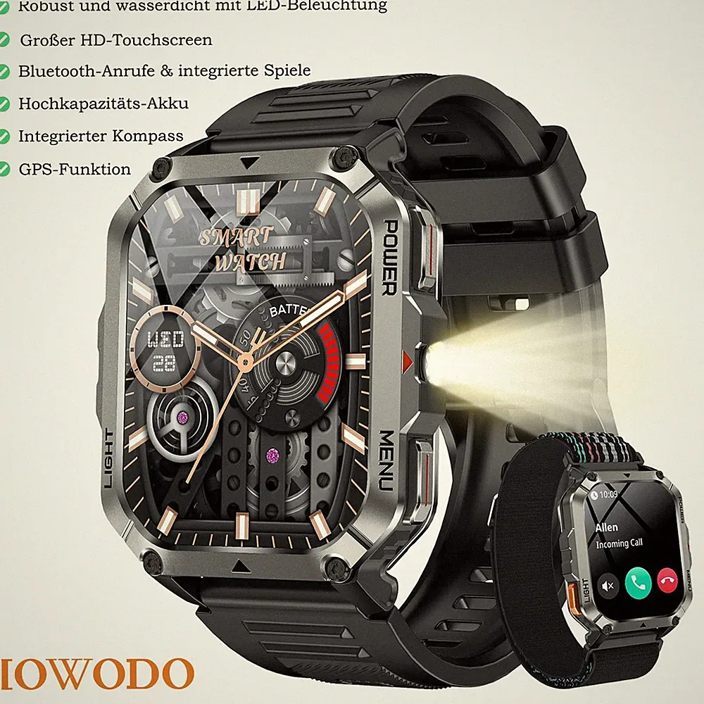 IOWODO Smartwatch für Herren Militärstil wasserdicht großes AMOLED‑HD‑Display