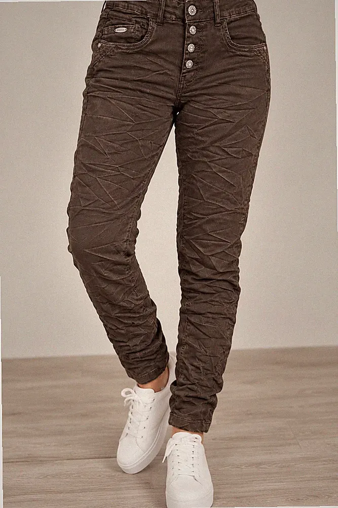 KAROSTAR Damen Jeans Schoko Braun mit Knopfleiste