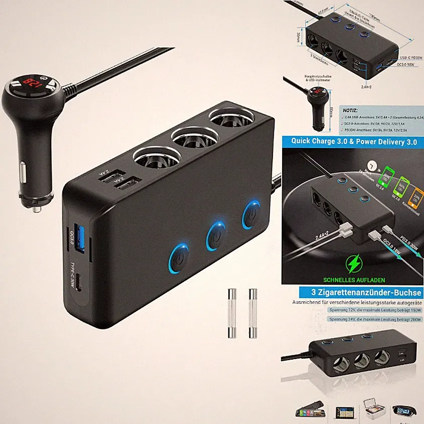 KFZ Steckdose 3 Ausgänge 200W 4 USB 30W PD