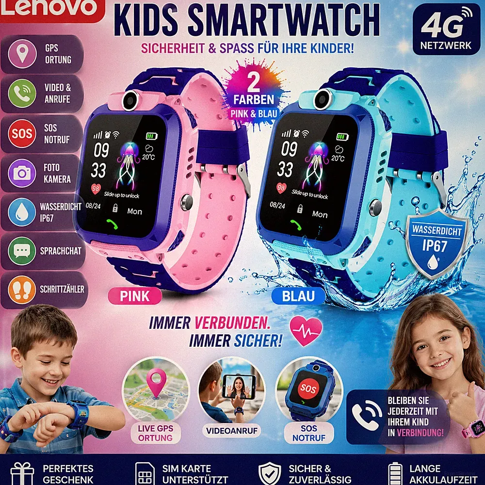 Kinder Smartwatch 4G GPS SOS Videoanruf Kamera SIM Uhr Wasserdicht Blau Pink
