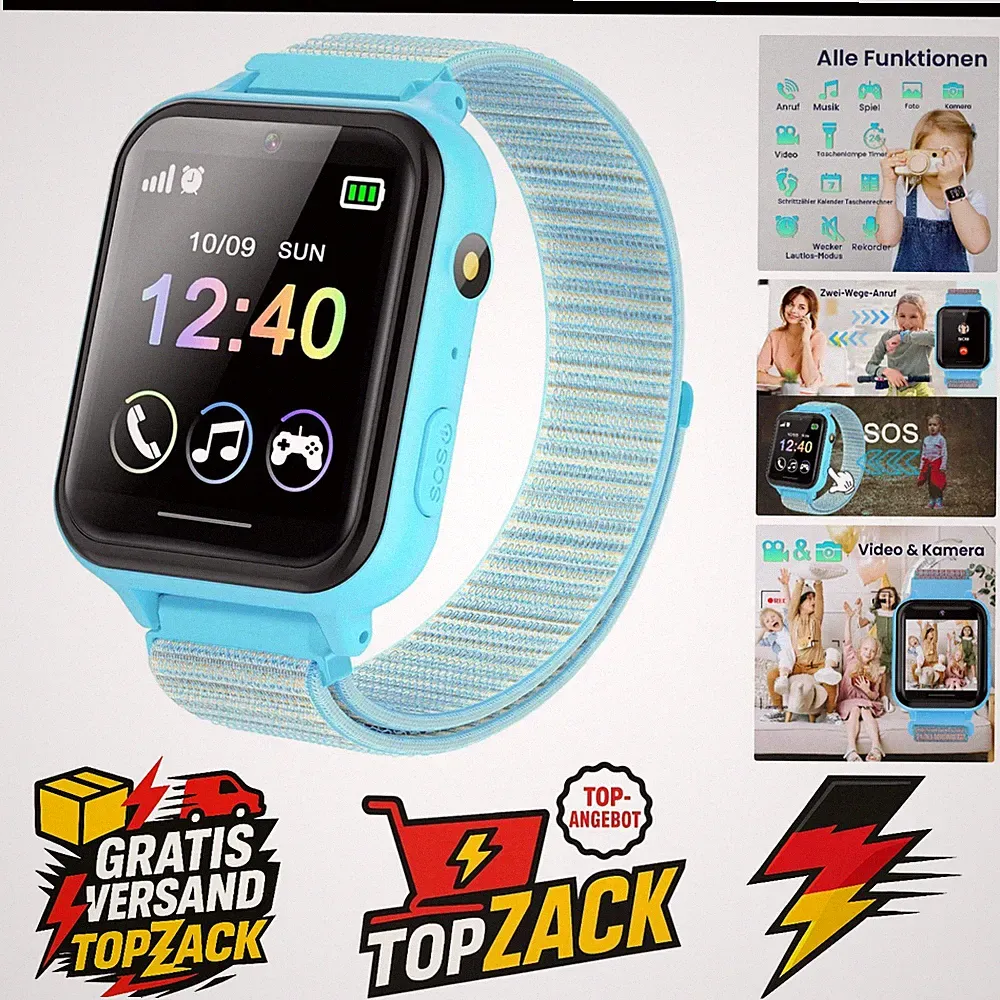 Kinder Smartwatch Blau mit Touchscreen Musik Spiel GPS SOS Call Wecker