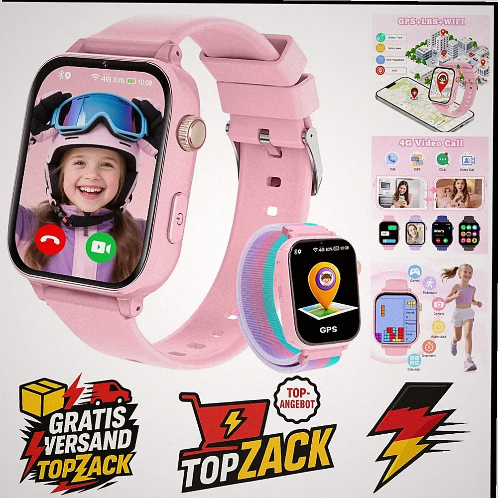 Kinder Smartwatch GPS 4G Videoanruf SOS Kinderuhr Rosa