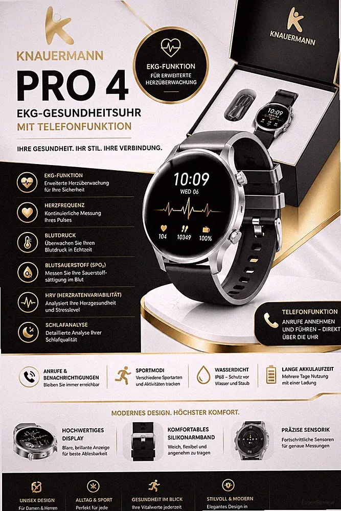 Knauermann PRO 4 EKG-Gesundheitsuhr mit Telefonfunktion – Smartwatch in Silber