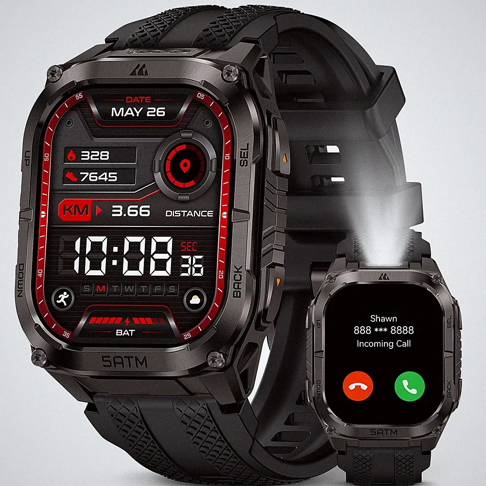 KOSPET Tank M4C Smartwatch Herren mit LED, 1,96" AMOLED, 1.5IN, dunkelschwarz