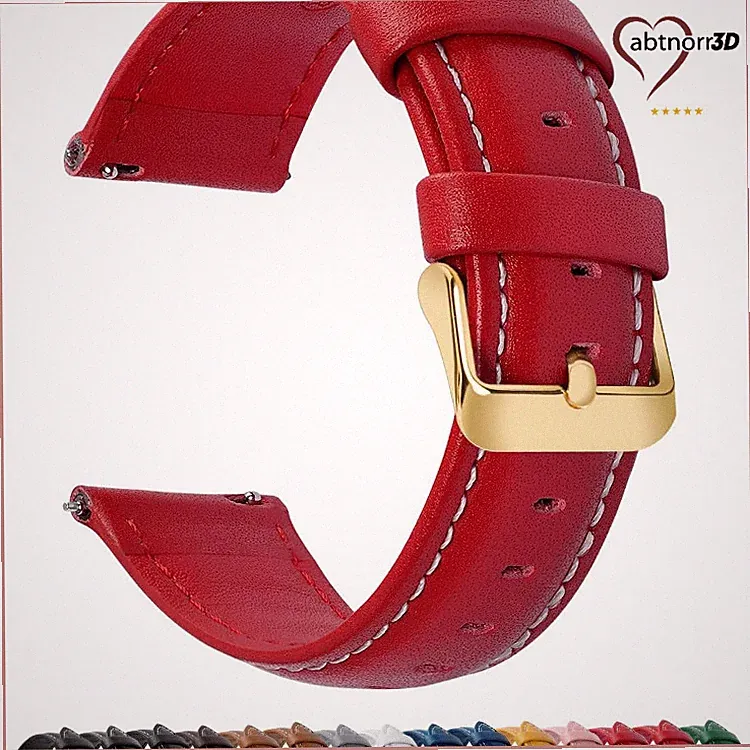 Lederarmband 20mm für Smartwatch Universal-Uhr mit Edelstahl Schließe, Rot Gold
