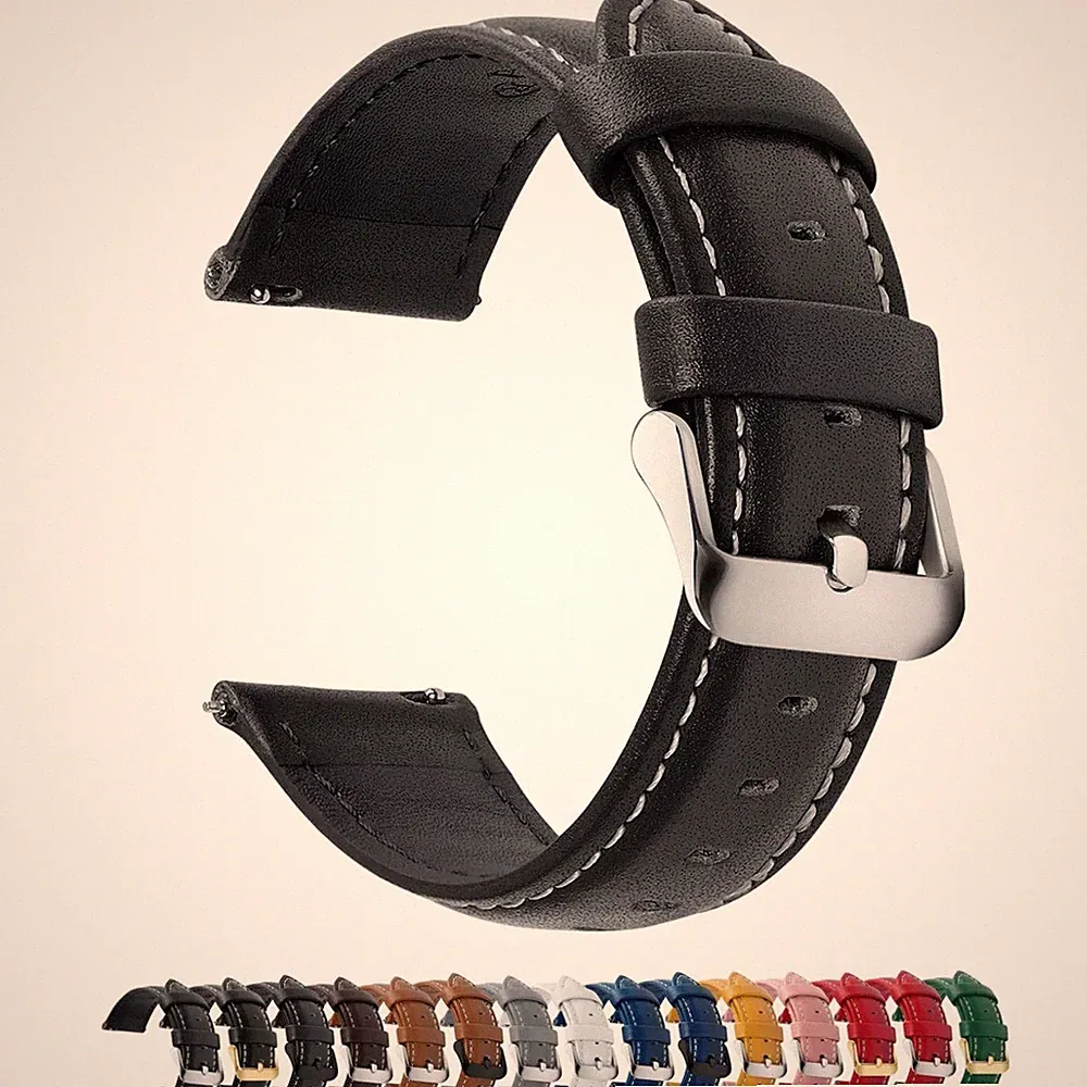 Lederuhrarmband 22mm Smartwatch Edelstahl Schnalle schwarz silber Frauen Damen