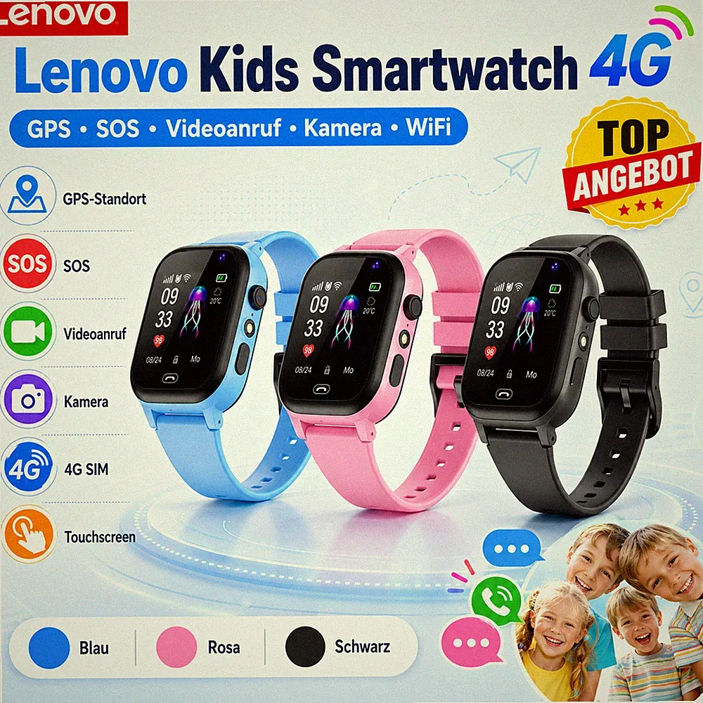 Lenovo Kids Smartwatch 4G GPS SOS Videoanruf Kamera WiFi SIM Kinder Uhr