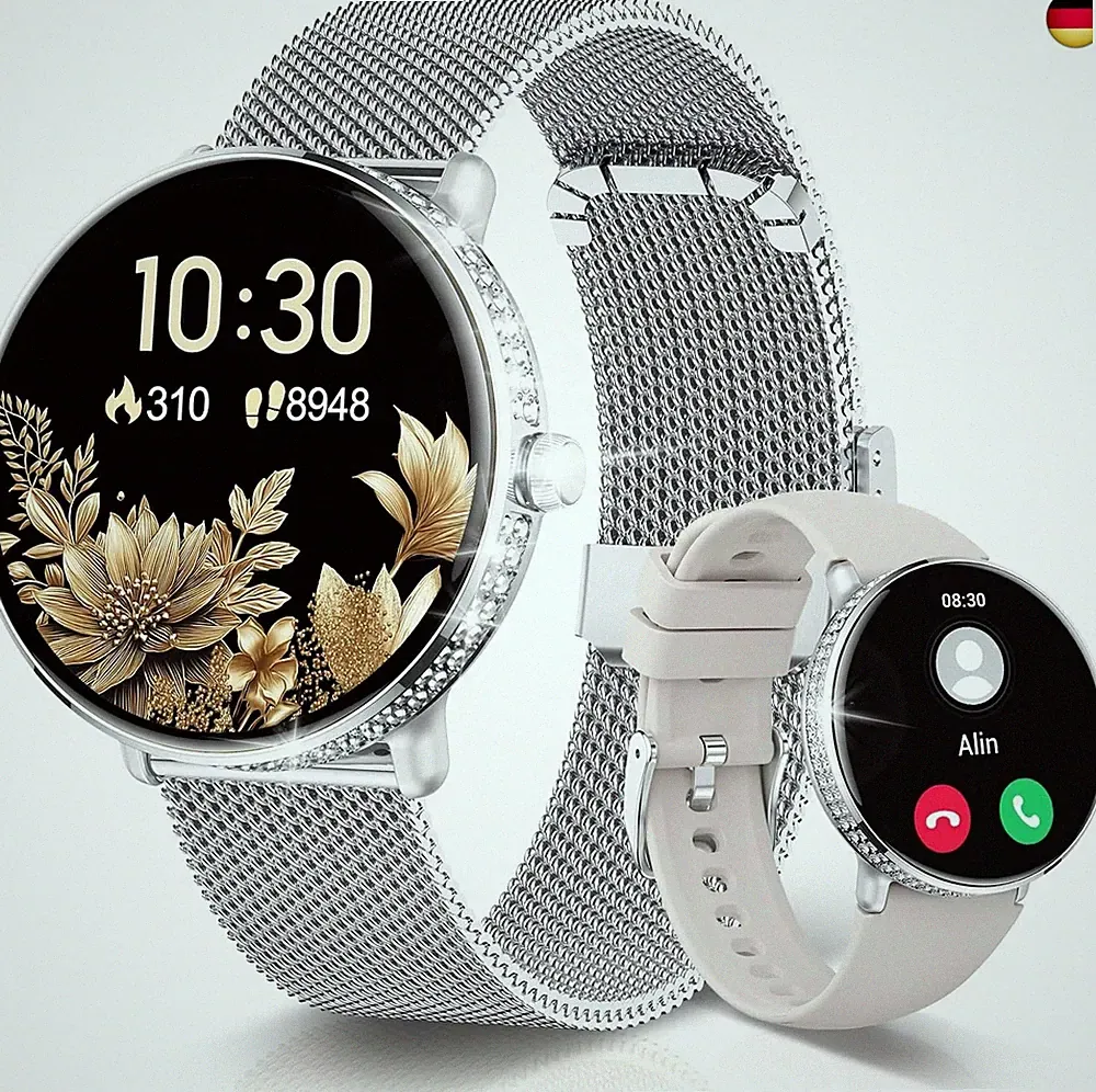 LES FLEURS Smartwatch Damen Anrufe Annehmen/Tätigen, 1,54" HD AMOLED Fitnessuhr