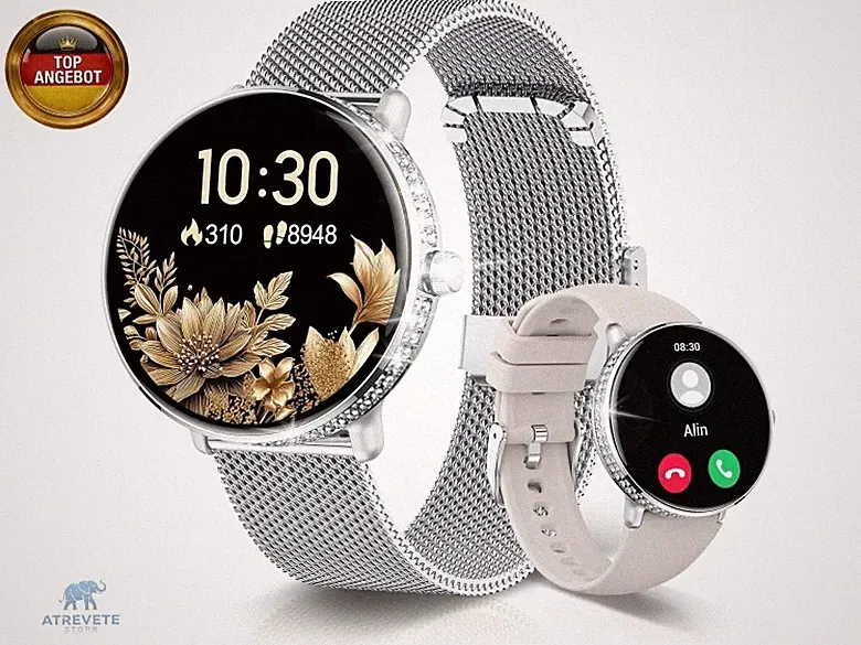 LES FLEURS Smartwatch Damen Anrufe Annehmen/Tätigen, 1,54" HD AMOLED Fitnessuhr