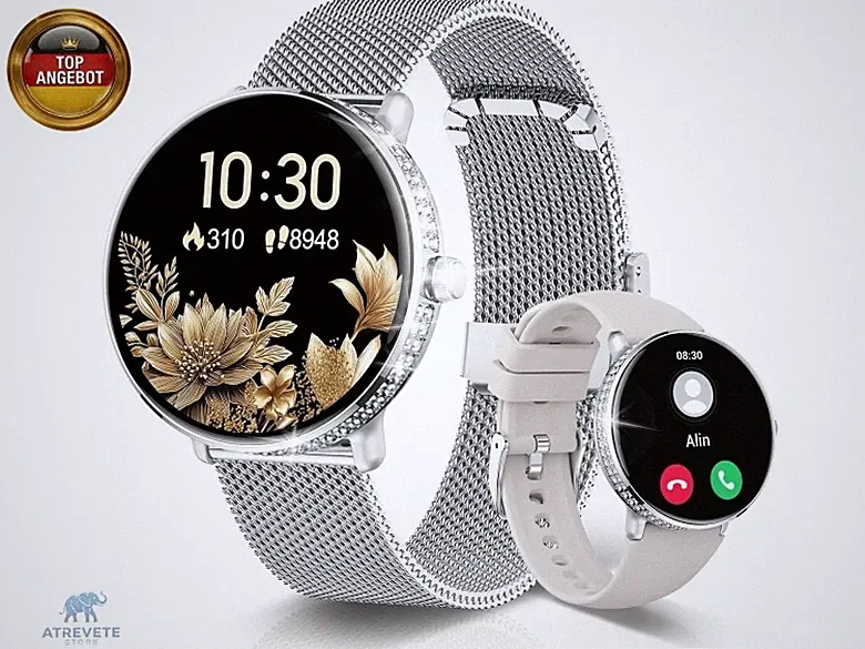 LES FLEURS Smartwatch Damen Anrufe Annehmen/Tätigen, 1,54" HD AMOLED Fitnessuhr