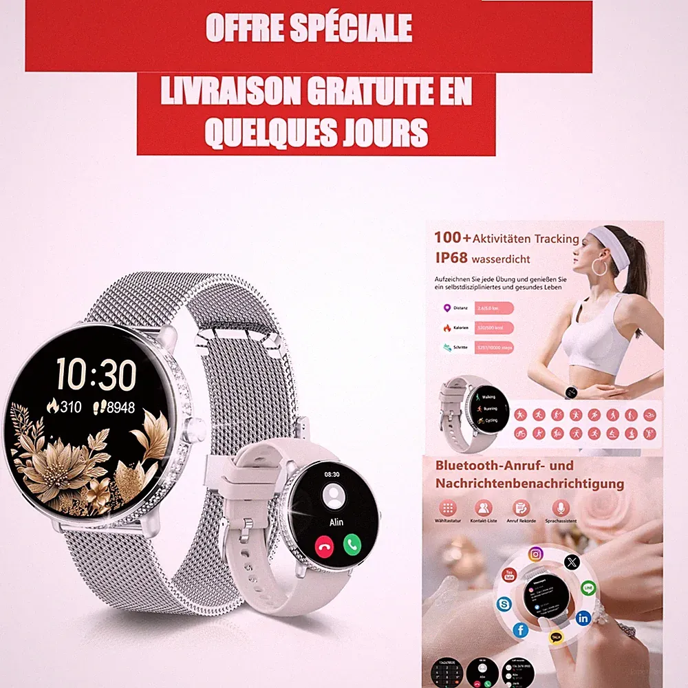 LES FLEURS Smartwatch Damen mit AMOLED Display und Fitness Tracker