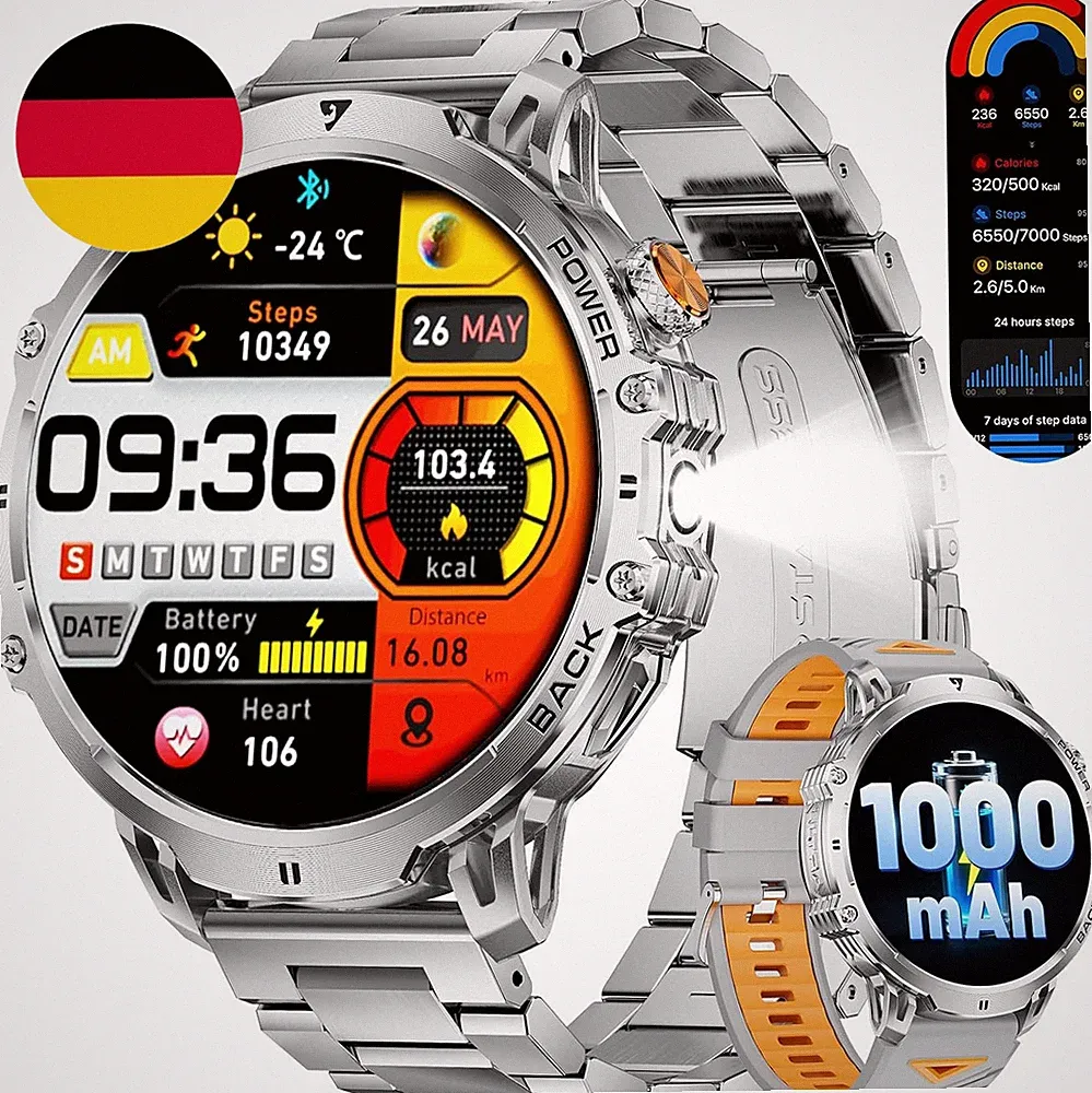 LIGE Militär Smartwatch Herren - 1000 Mah/1,85" HD Großes Touchscreen/Led-Licht