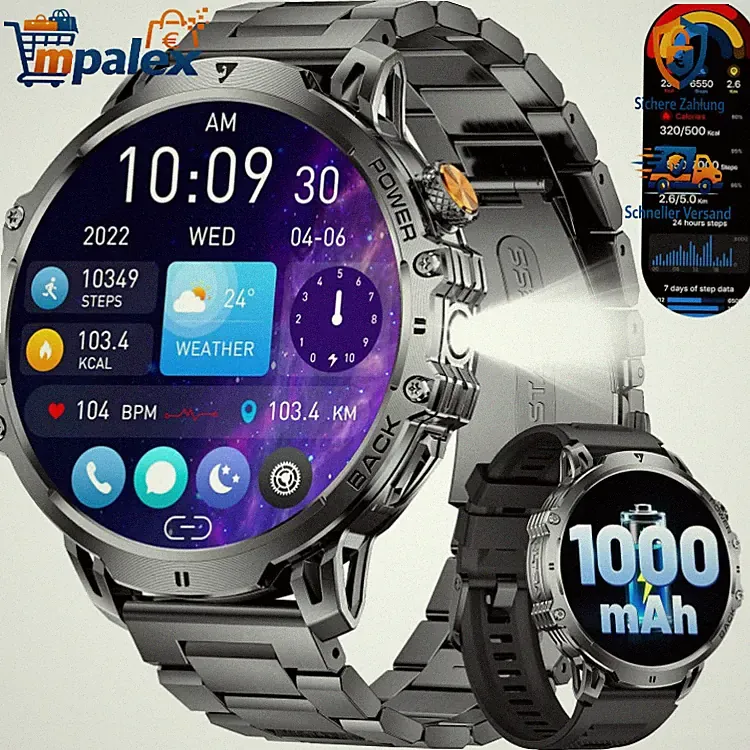 LIGE Smartwatch Herren 1,85 Zoll HD 1000mAh Militär Silikon Edelstahl Schwarz