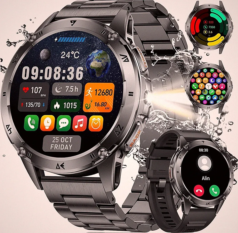 LIGE Smartwatch Herren Militär, 1,43'' AMOLED, 120+ Sportmodi, IP68 wasserdicht.