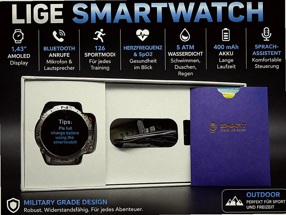 LIGE Smartwatch Herren Militärische AMOLED 1,43 Zoll Bluetooth Anruf 5ATM