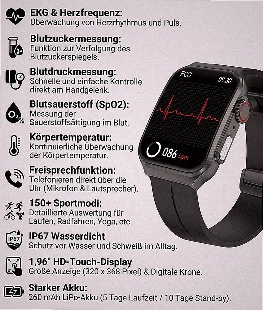 Medicals Uhr mit Blutzucker EKG Funktion: Smarte Fitness Uhr mit Blutdruck byRw